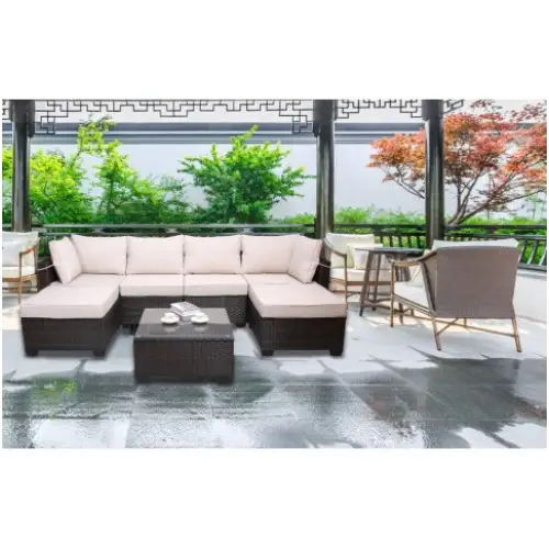 Outdoor Garden Patio Furniture 7Piece PE Rattan Wicker Cushioned Sofa Sets And Coffee Table Patio Furniture Setoutdoor