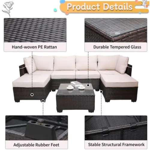 Outdoor Garden Patio Furniture 7Piece PE Rattan Wicker Cushioned Sofa Sets And Coffee Table Patio Furniture Setoutdoor