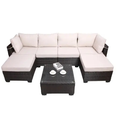 Outdoor Garden Patio Furniture 7Piece PE Rattan Wicker Cushioned Sofa Sets And Coffee Table Patio Furniture Setoutdoor