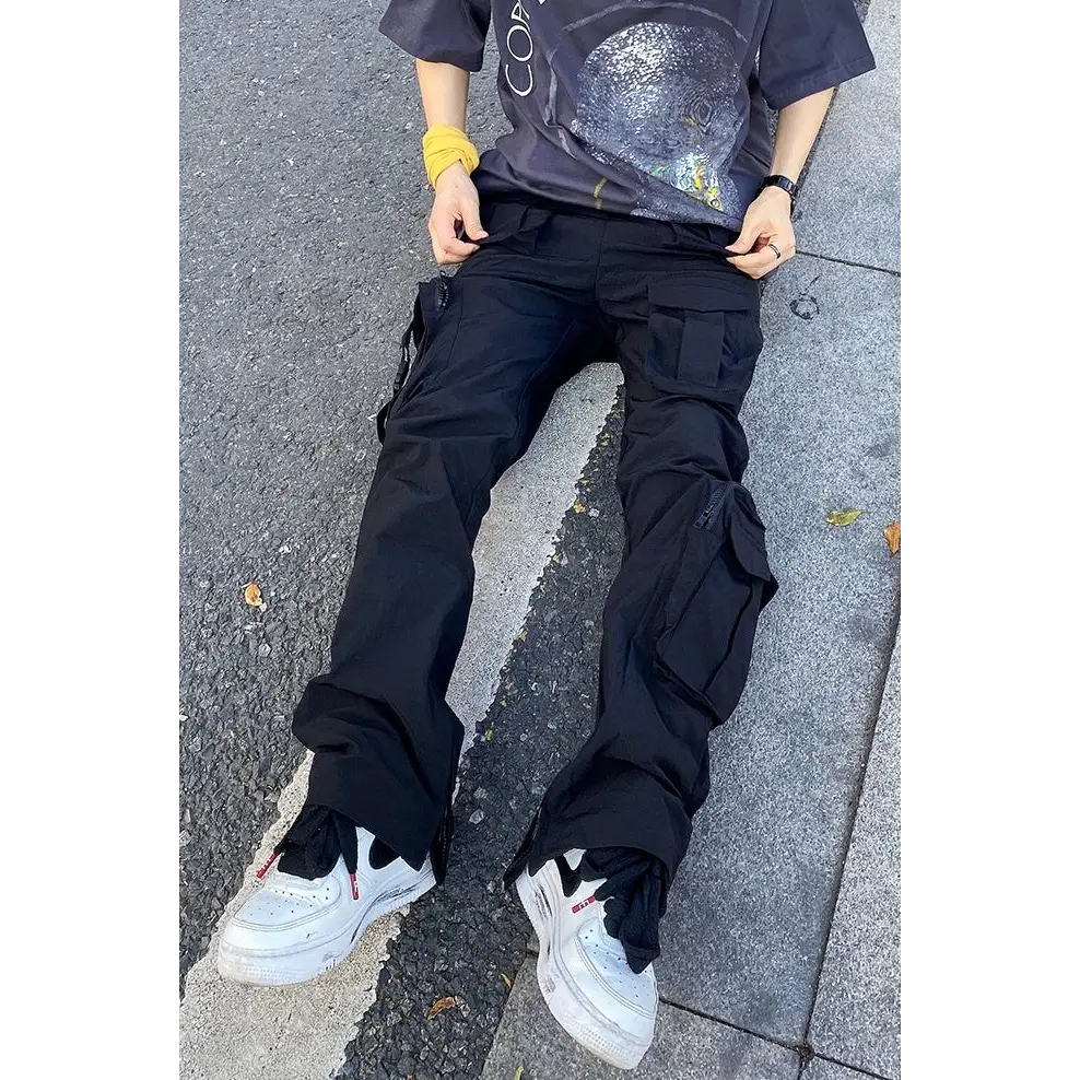 Overalls Trousers Zipper Flared Casual Trousers Ins Pants Men - Black / S