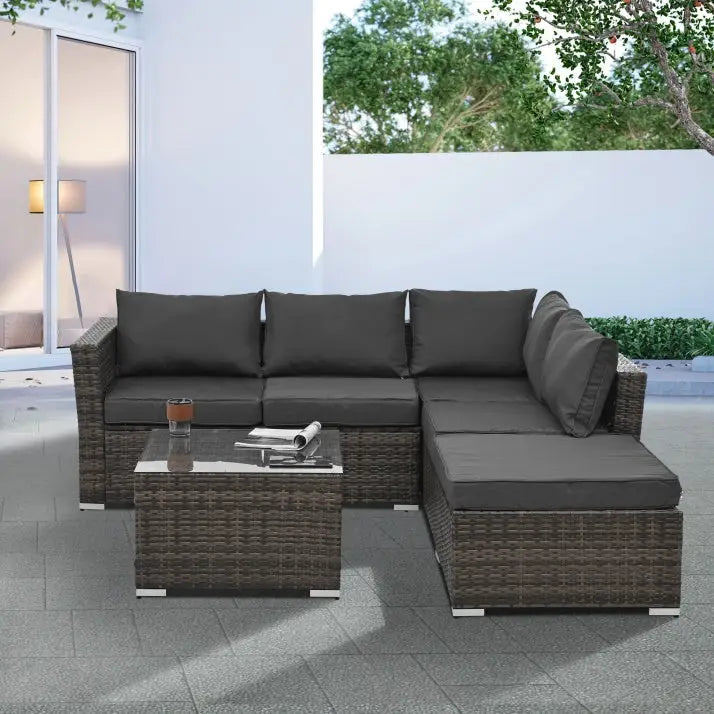 Patio Furniture Outdoor Furniture Seasonal PE Wicker Furniture 4 Set Wicker Furniture With Tempered Glass Coffee Table