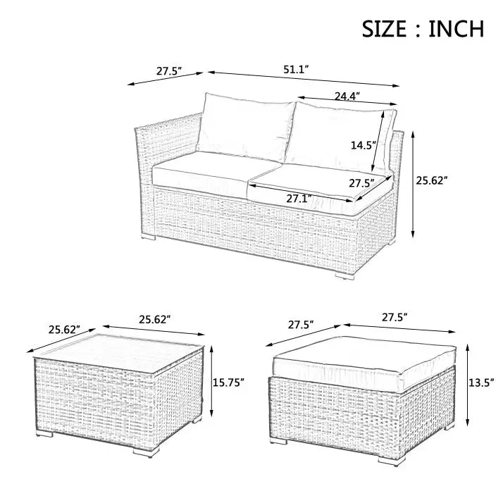 Patio Furniture Outdoor Furniture Seasonal PE Wicker Furniture 4 Set Wicker Furniture With Tempered Glass Coffee Table