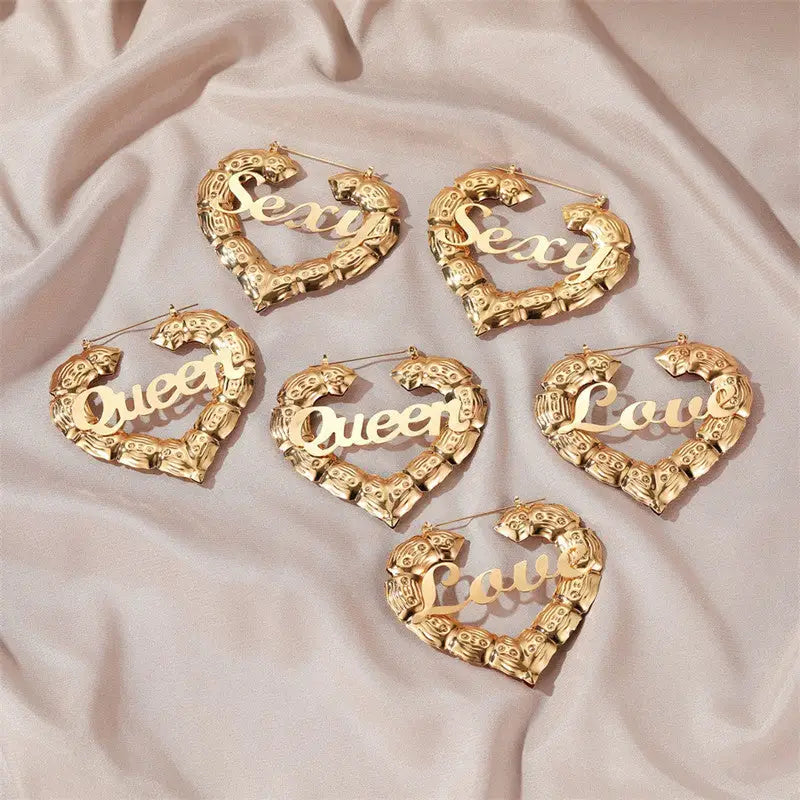 Personality Women Fashion Bamboo Hoop Earrings Letter Queen Love Sexy Dangle Earrings Beyond Trends Hub