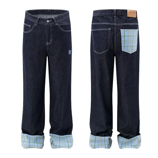 Plaid Flanging Denim Straight-leg Trousers Men