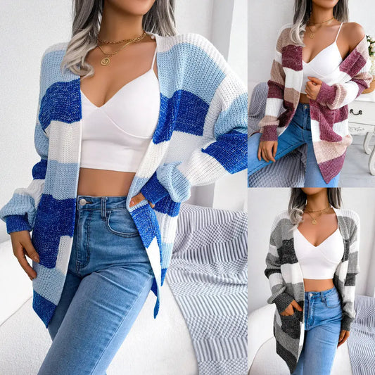 Plaid Sweater Women Casual Lantern Sleeves Cardigan Jacket Outerwear Clothes - Beyond Trends Hub 