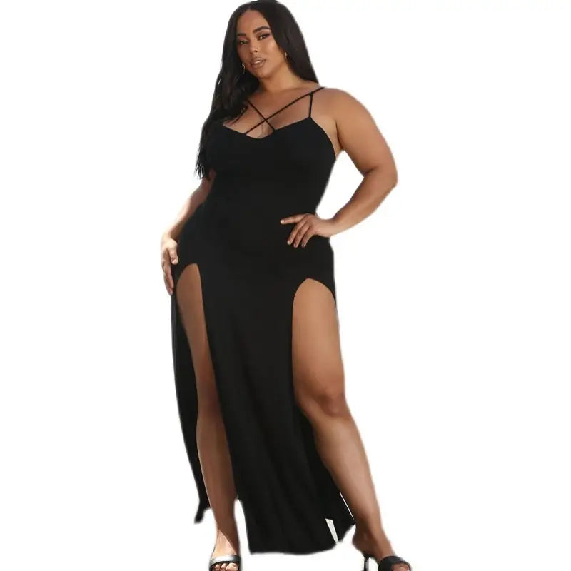 Plus Size Fat Women Dresses Summer Sling Big Dress - Black / 2XL