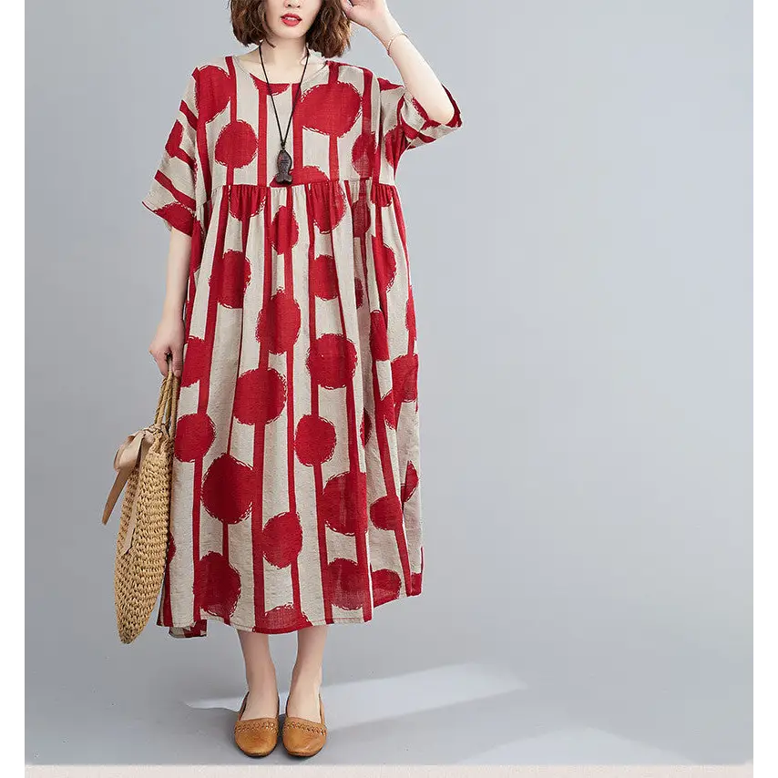 Plus Size Vintage Polka Dot Simmer Dress Cotton Casual Ladies Dresses for Women 4XL 5XL 6XL Robe Femme Red Long Dress