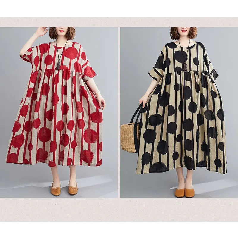 Plus Size Vintage Polka Dot Simmer Dress Cotton Casual Ladies Dresses for Women 4XL 5XL 6XL Robe Femme Red Long Dress