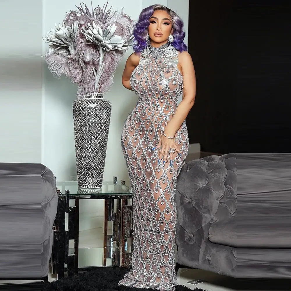 Plus Size Women’s Evening Party Shiny Rhinestone Dress