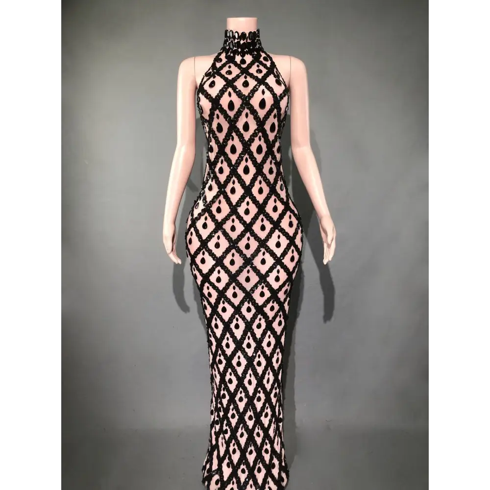 Plus Size Women’s Evening Party Shiny Rhinestone Dress - Black Stripes On Skin / S