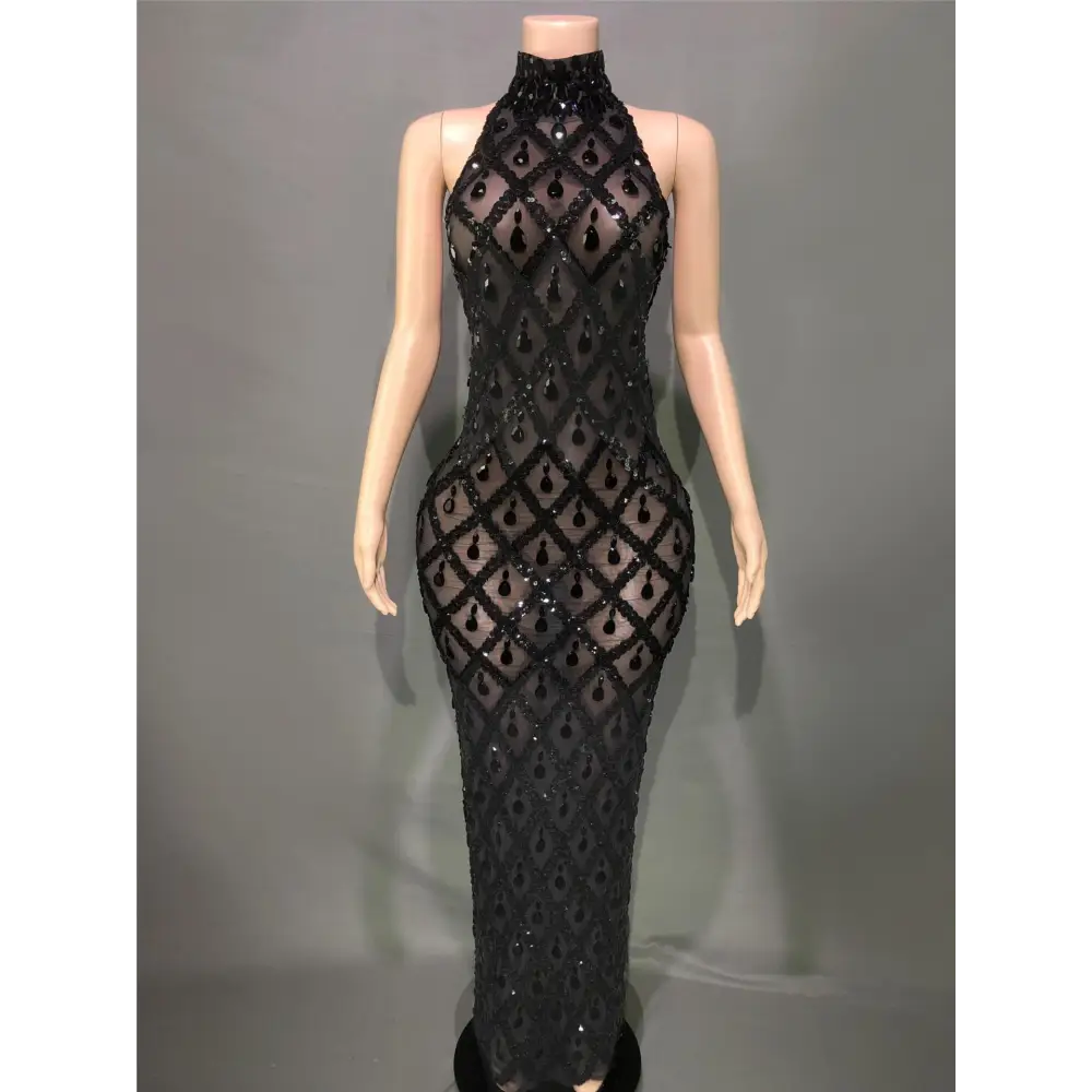 Plus Size Women’s Evening Party Shiny Rhinestone Dress - Black Stripe / S