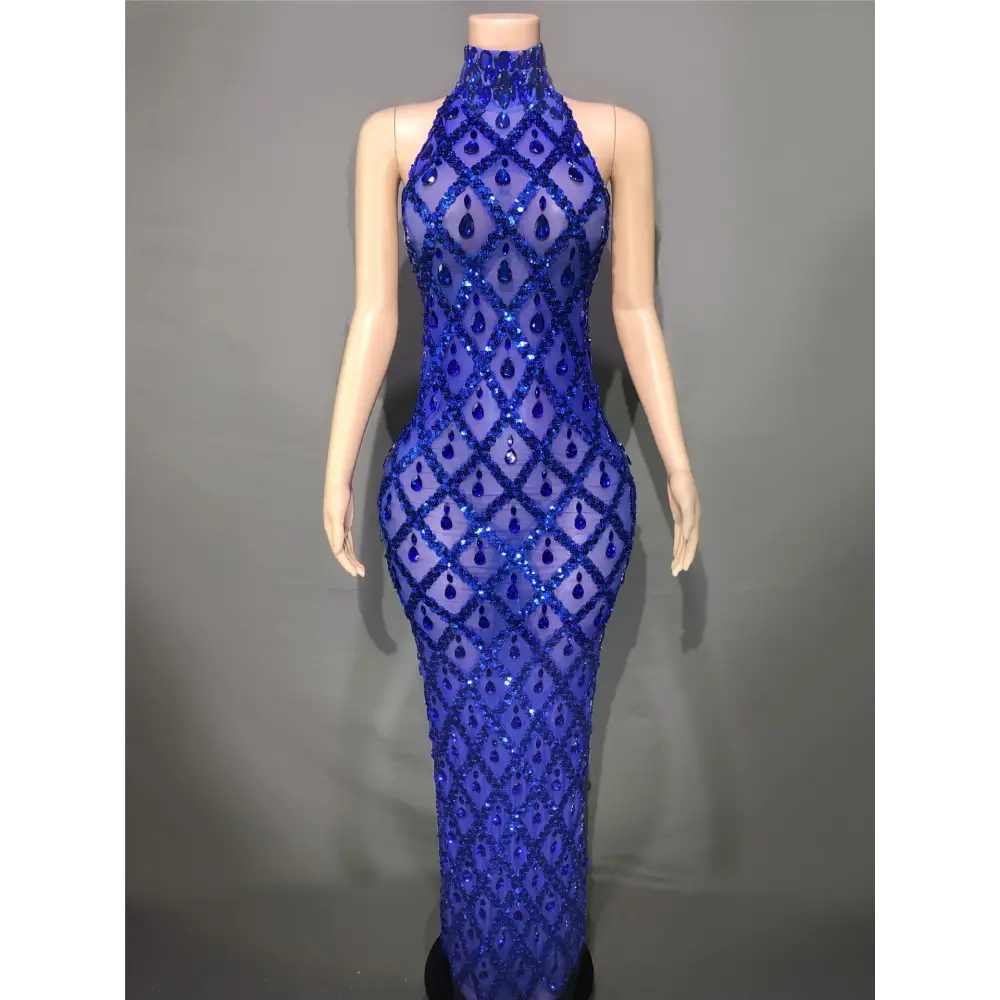 Plus Size Women’s Evening Party Shiny Rhinestone Dress - Blue Bottomed Blue Stripes / S