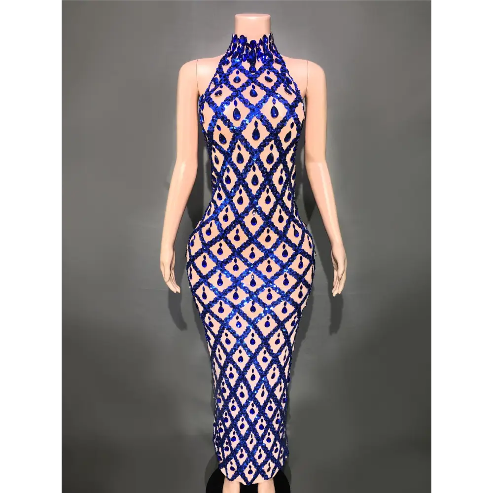 Plus Size Women’s Evening Party Shiny Rhinestone Dress - Blue Stripes On Skin Bottom / S