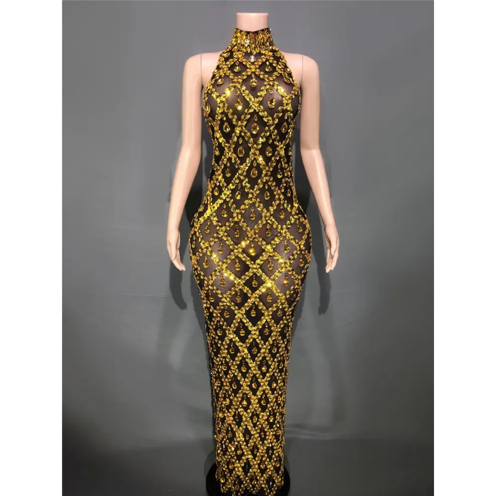 Plus Size Women’s Evening Party Shiny Rhinestone Dress - Gold Bars On Black Background / S