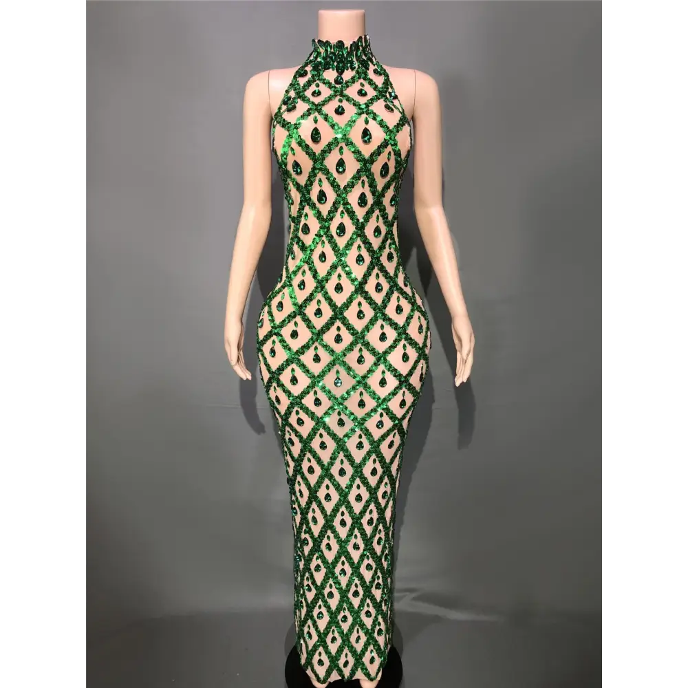 Plus Size Women’s Evening Party Shiny Rhinestone Dress - Green Stripes On Skin / S