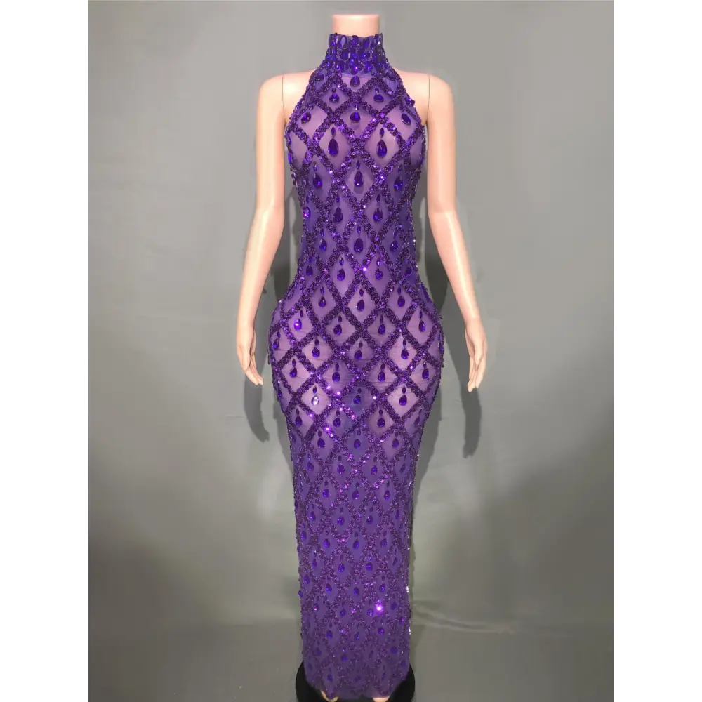 Plus Size Women’s Evening Party Shiny Rhinestone Dress - Purple Stripe / S