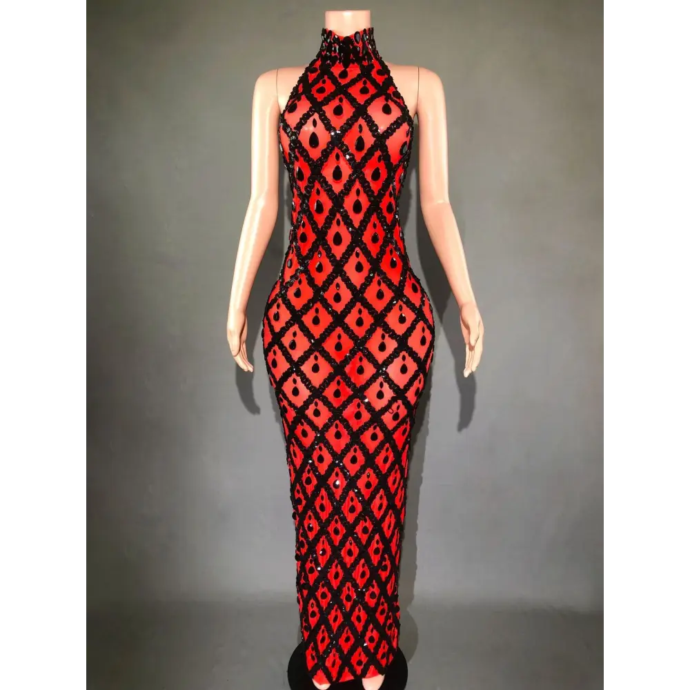 Plus Size Women’s Evening Party Shiny Rhinestone Dress - Red And Black Strips / S
