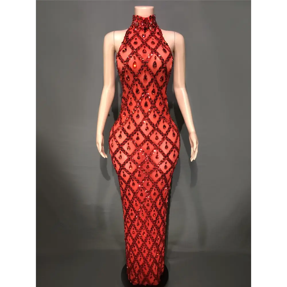 Plus Size Women’s Evening Party Shiny Rhinestone Dress - Red Stripes On Red Background / S