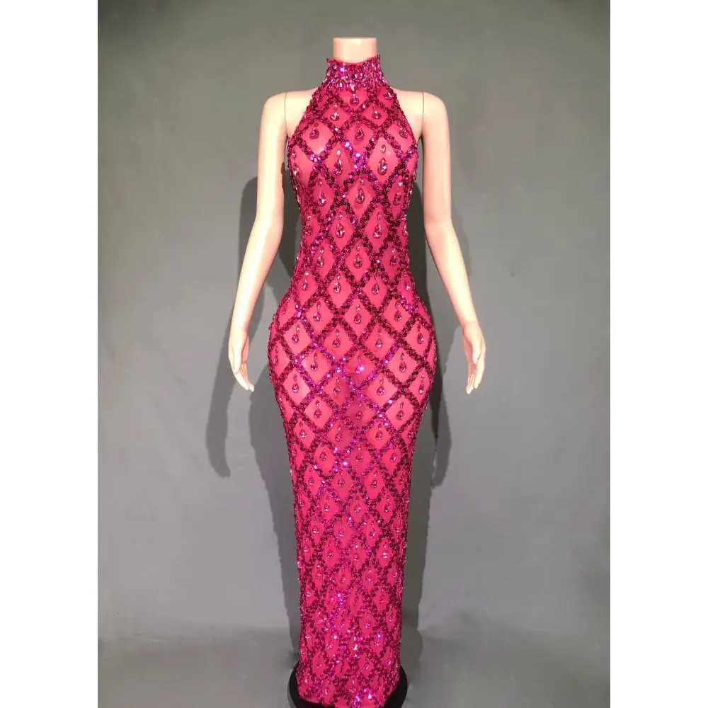 Plus Size Women’s Evening Party Shiny Rhinestone Dress - Rose Red Stripe / S