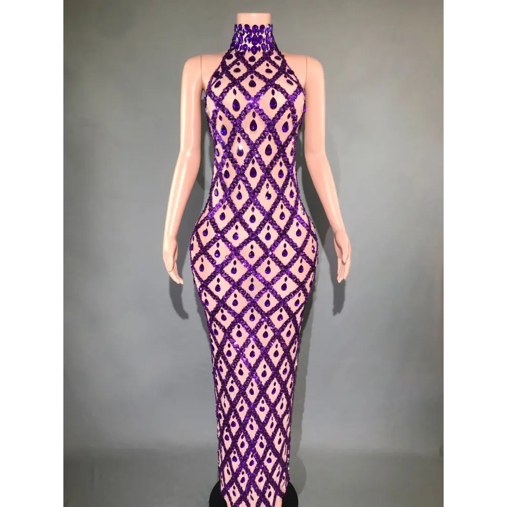 Plus Size Women’s Evening Party Shiny Rhinestone Dress - Skin Bottom Purple Stripe / S