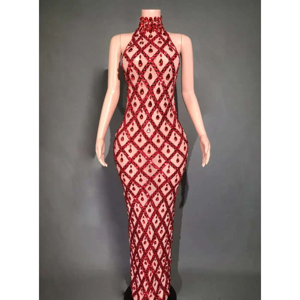 Plus Size Women’s Evening Party Shiny Rhinestone Dress - Skin Bottom Red Stripes / S