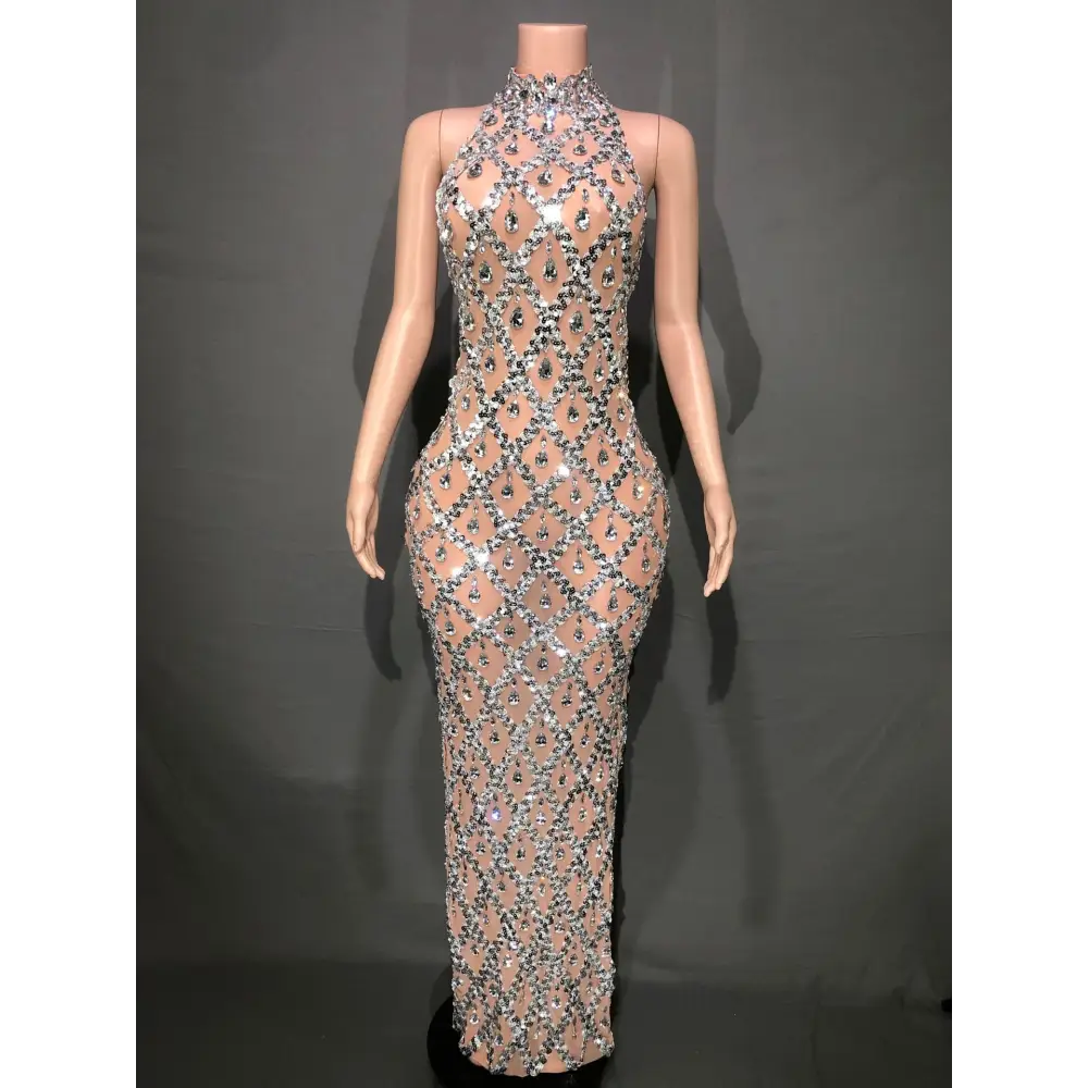Plus Size Women’s Evening Party Shiny Rhinestone Dress - Skin Bottom Silver Bar / S