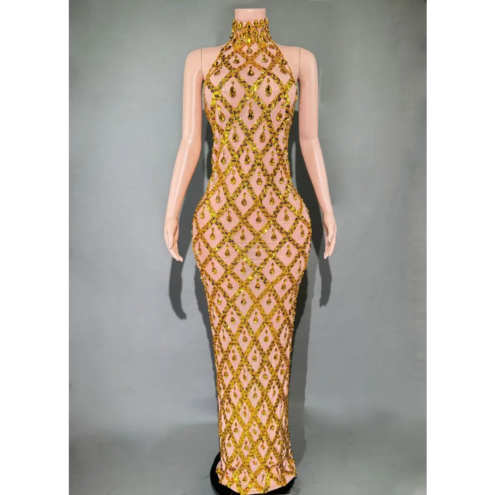 Plus Size Women’s Evening Party Shiny Rhinestone Dress - Skin Bottom Gold Bar / S