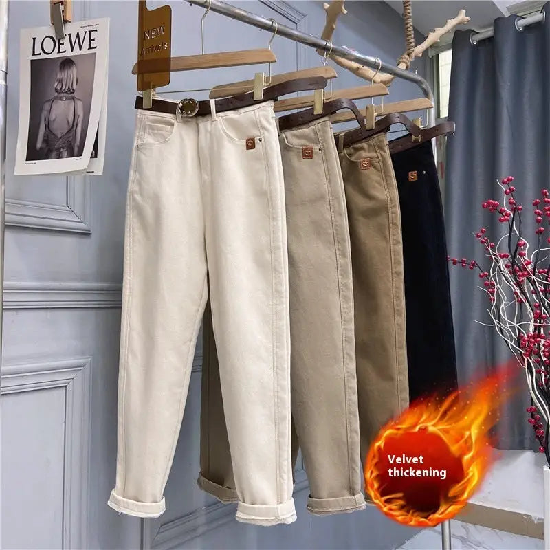 Plus Size Women’s High Waist Denim Thick Trousers - Beige Plus Velvet / 2XL