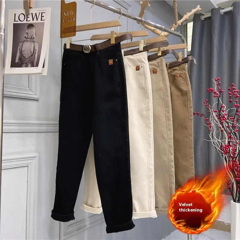 Plus Size Women’s High Waist Denim Thick Trousers - Black Plus Velvet / 2XL