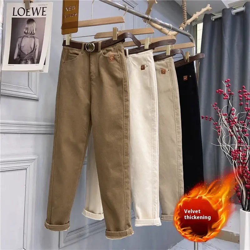 Plus Size Women’s High Waist Denim Thick Trousers - Coffee Color Plus Velvet / 2XL
