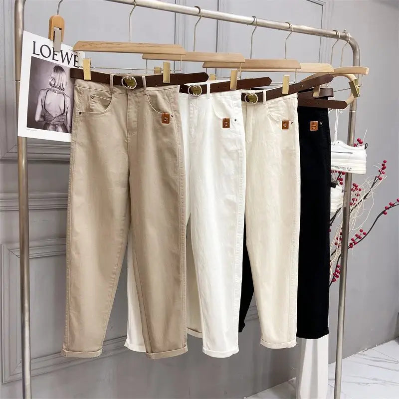 Plus Size Women’s High Waist Denim Thick Trousers - Milk Tea Color / 2XL