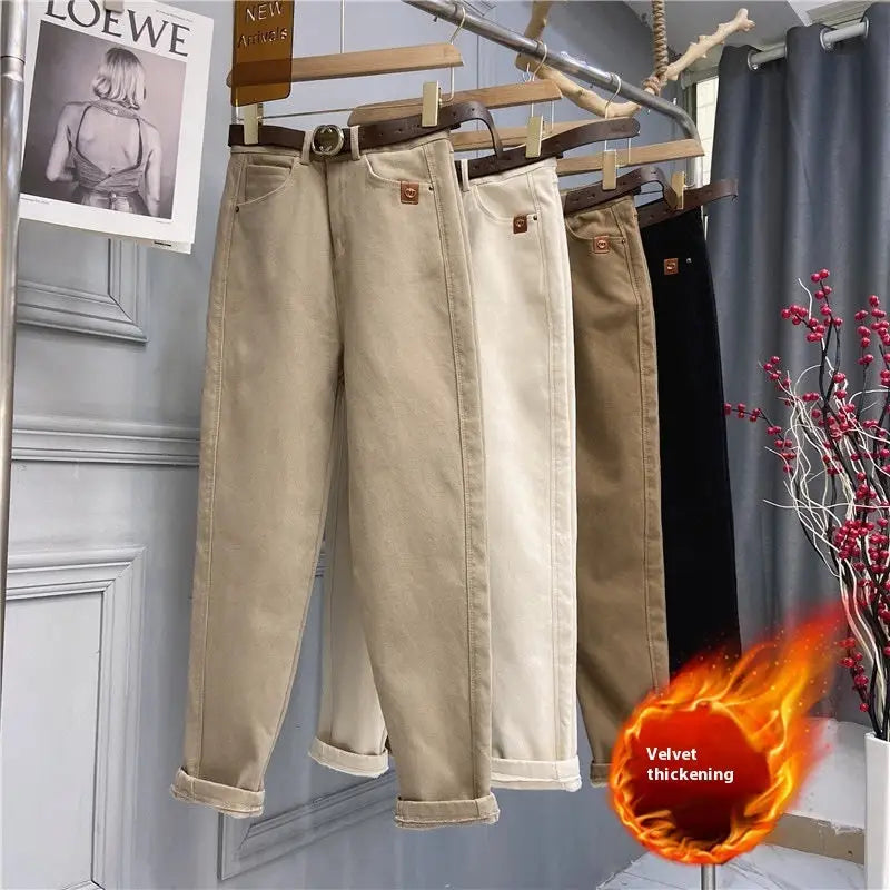 Plus Size Women’s High Waist Denim Thick Trousers - Milk tea color with velvet / 2XL