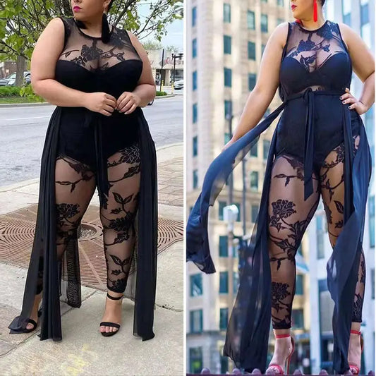 Plus Size Women’s Sexy Flocking Jumpsuit Temperament Commuter