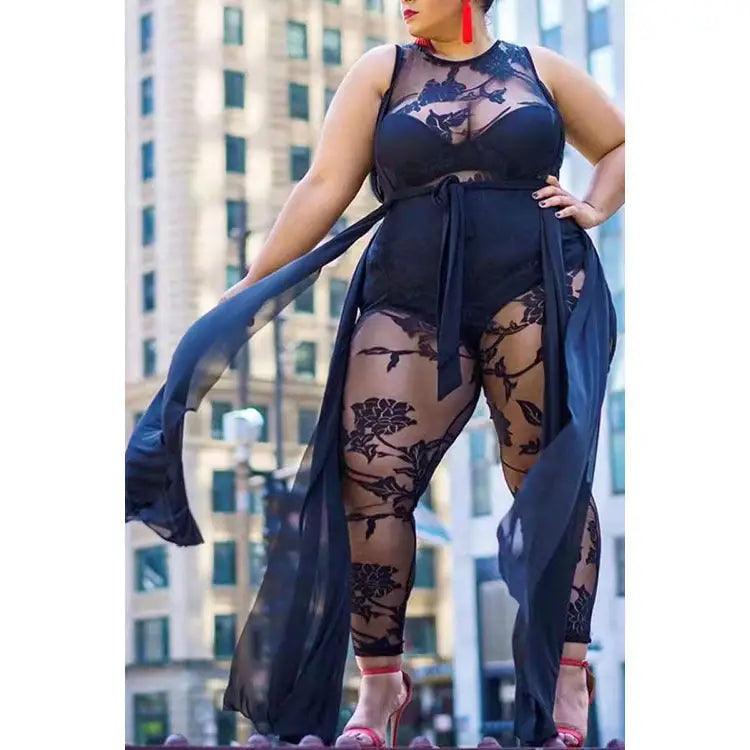 Plus Size Women’s Sexy Flocking Jumpsuit Temperament Commuter
