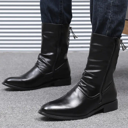 Pointed Leather Boots Men's British Korean High-top Leather Shoes Mid-calf Length Beyond Trends Hub