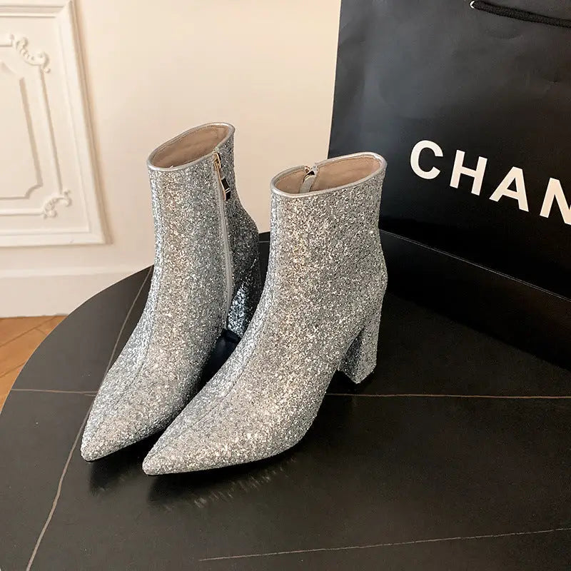 Pointed Toe Chunky Heel Sequined Fashion Women's Boots Beyond Trends Hub