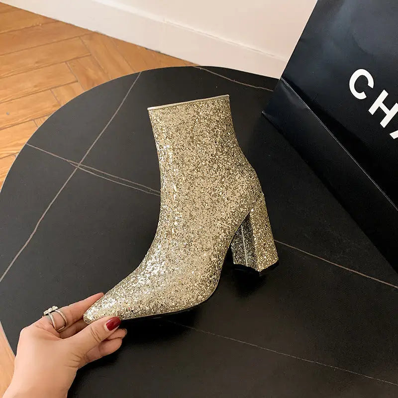 Pointed Toe Chunky Heel Sequined Fashion Women's Boots Beyond Trends Hub