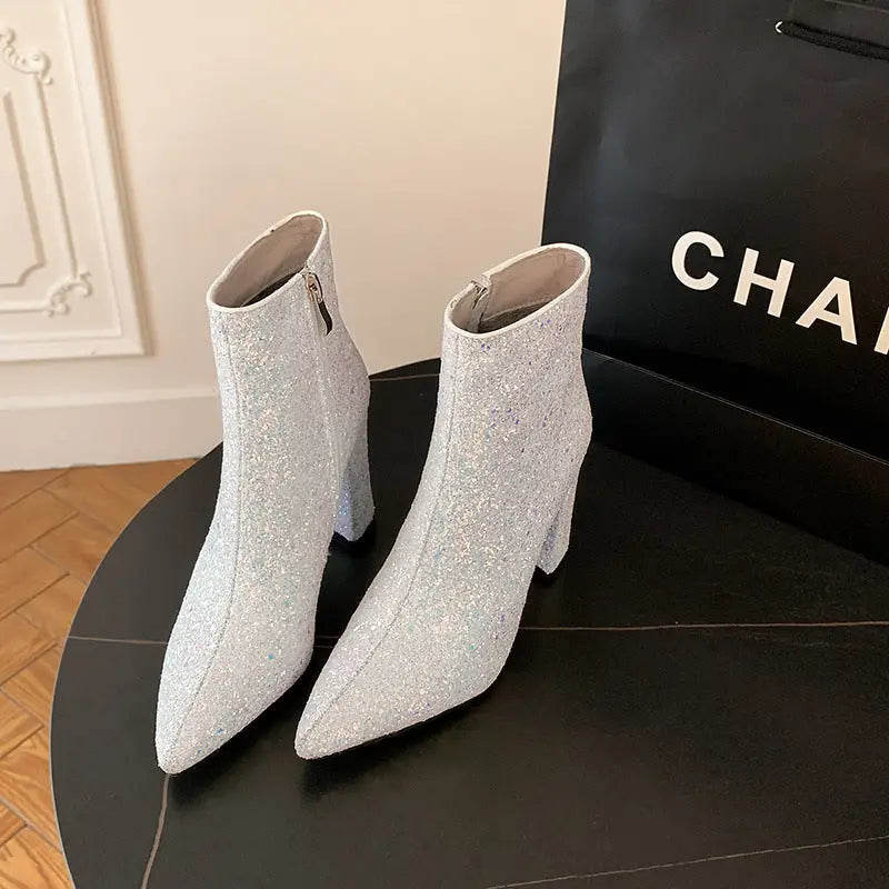 Pointed Toe Chunky Heel Sequined Fashion Women's Boots Beyond Trends Hub