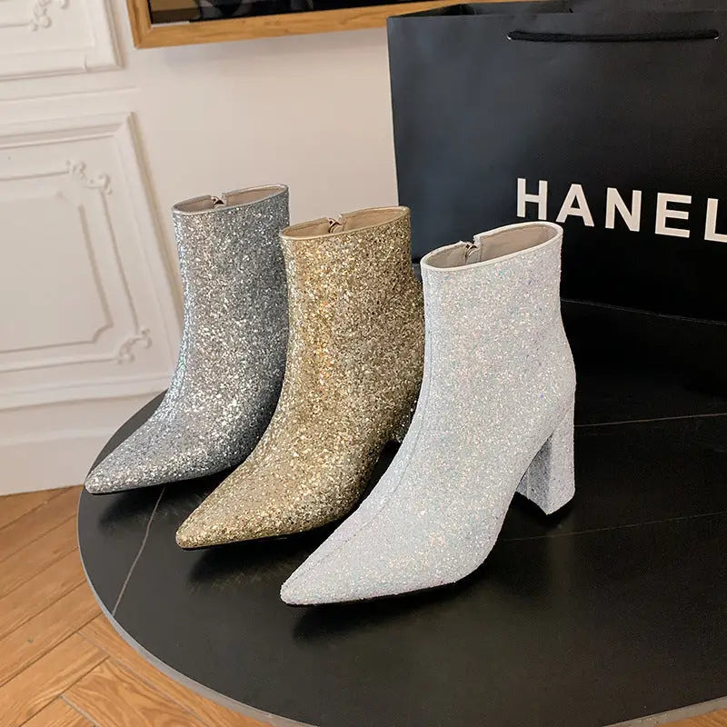 Pointed Toe Chunky Heel Sequined Fashion Women's Boots Beyond Trends Hub