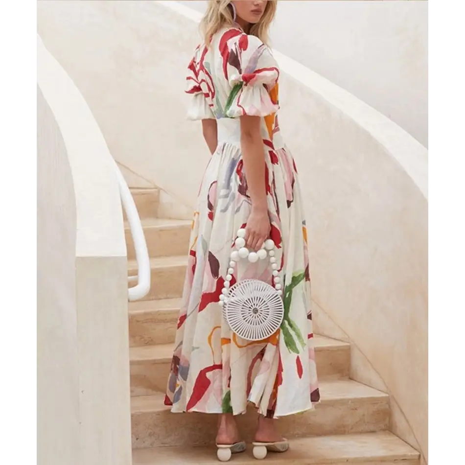 Print Dresses For Women Summer V-neck Button Short Sleeve Dress - 4