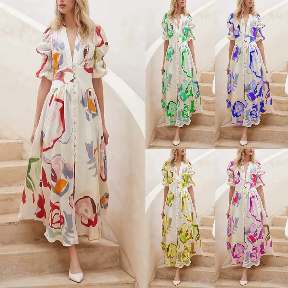 Print Dresses For Women Summer V-neck Button Short Sleeve Dress - 4