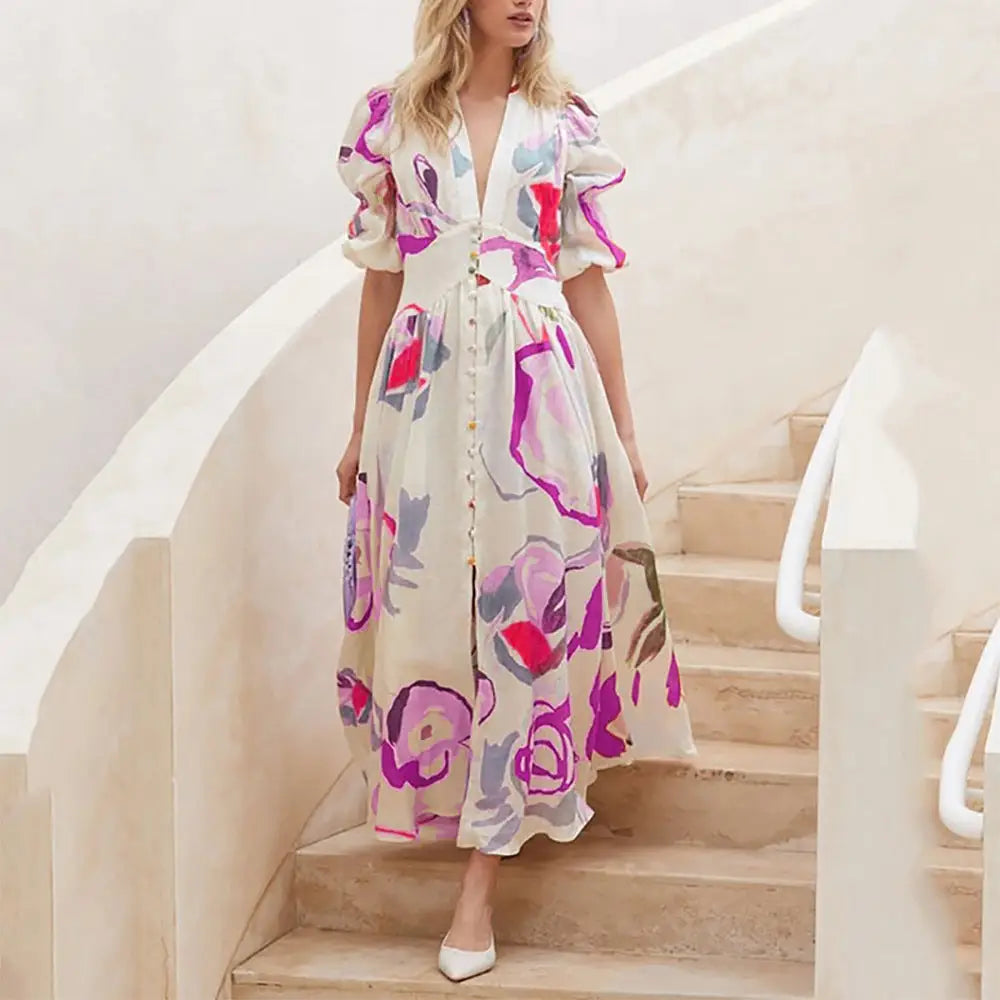 Print Dresses For Women Summer V-neck Button Short Sleeve Dress - Rose / S - 4