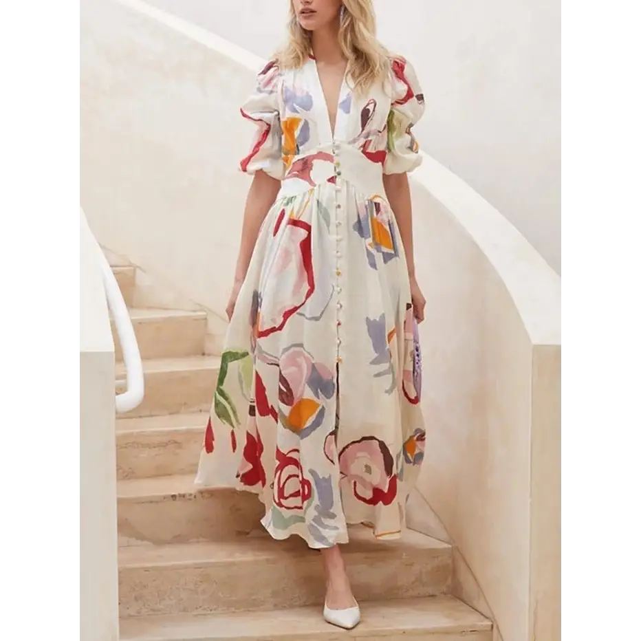 Print Dresses For Women Summer V-neck Button Short Sleeve Dress - White / S - 4