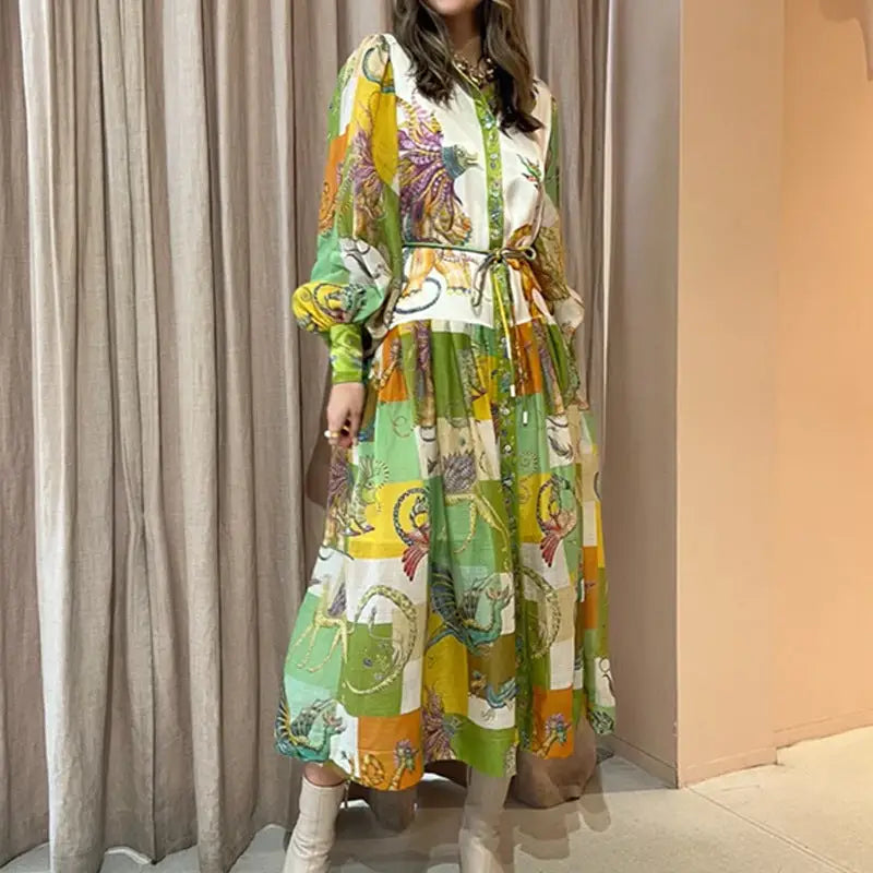 Print Holiday Women Beach Dress With Belts A-Line Long Lantern Sleeve Single Breasted Lapel Seaside Dresses Robe Beyond Trends Hub