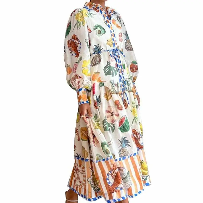 Print Holiday Women Beach Dress With Belts A-Line Long Lantern Sleeve Single Breasted Lapel Seaside Dresses Robe Beyond Trends Hub