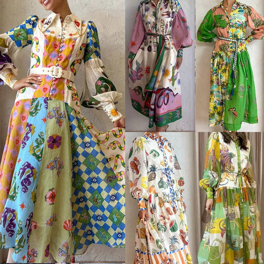 Print Holiday Women Beach Dress With Belts A-Line Long Lantern Sleeve Single Breasted Lapel Seaside Dresses Robe Beyond Trends Hub