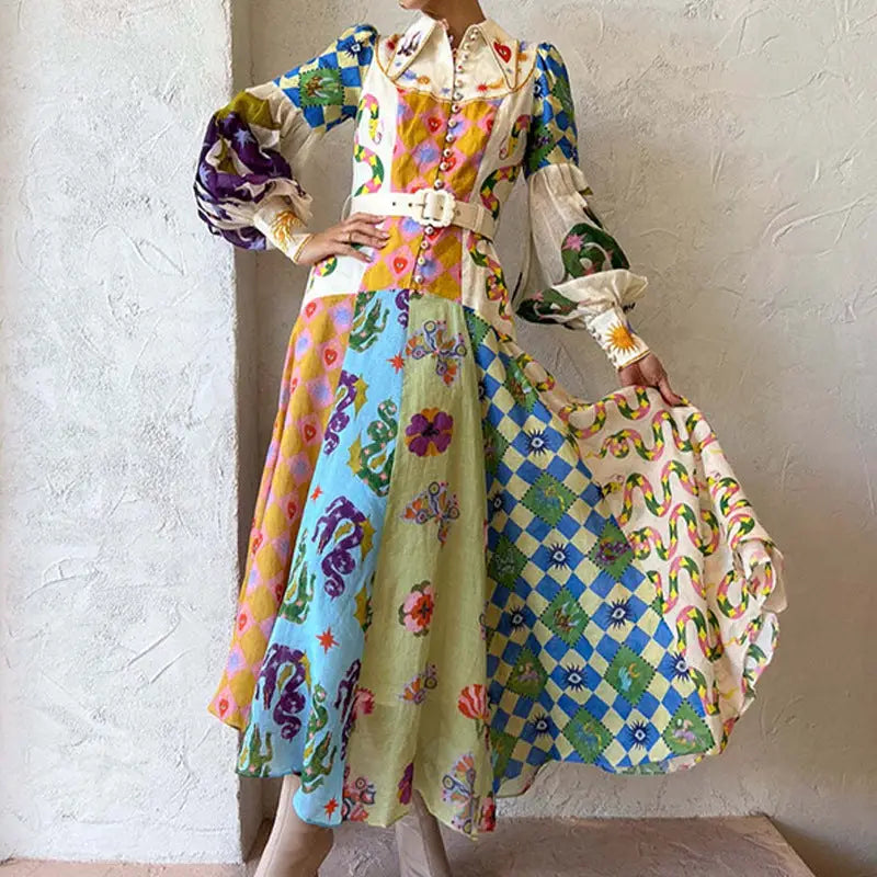 Print Holiday Women Beach Dress With Belts A-Line Long Lantern Sleeve Single Breasted Lapel Seaside Dresses Robe Beyond Trends Hub