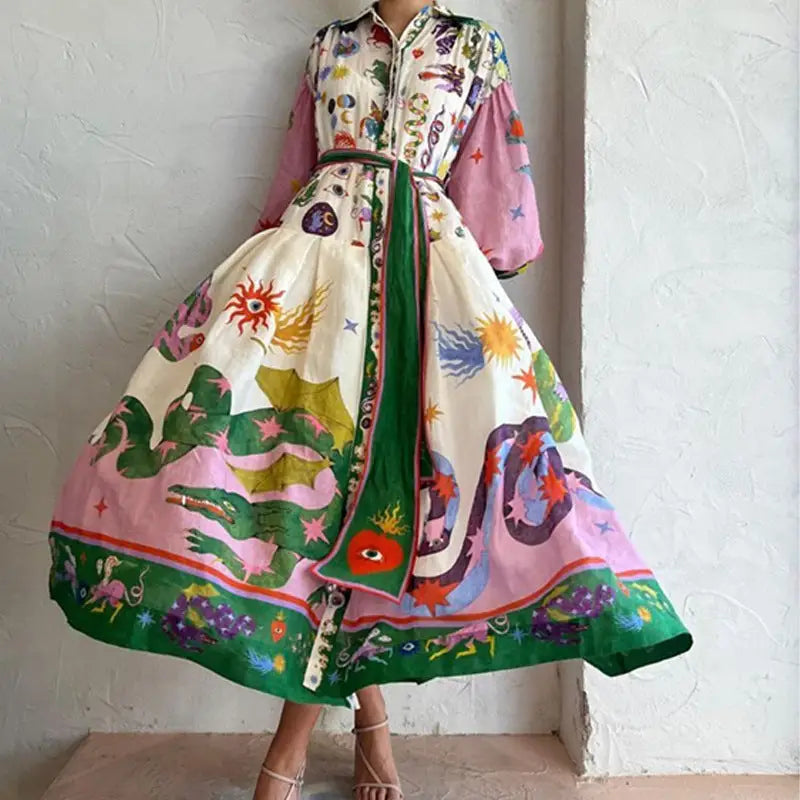 Print Holiday Women Beach Dress With Belts A-Line Long Lantern Sleeve Single Breasted Lapel Seaside Dresses Robe Beyond Trends Hub