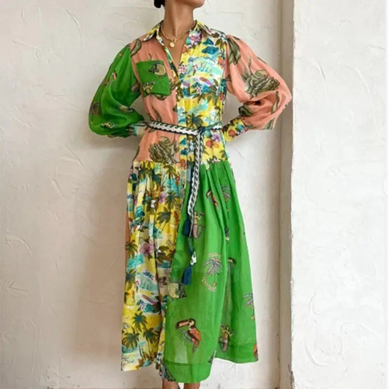 Print Holiday Women Beach Dress With Belts A-Line Long Lantern Sleeve Single Breasted Lapel Seaside Dresses Robe Beyond Trends Hub