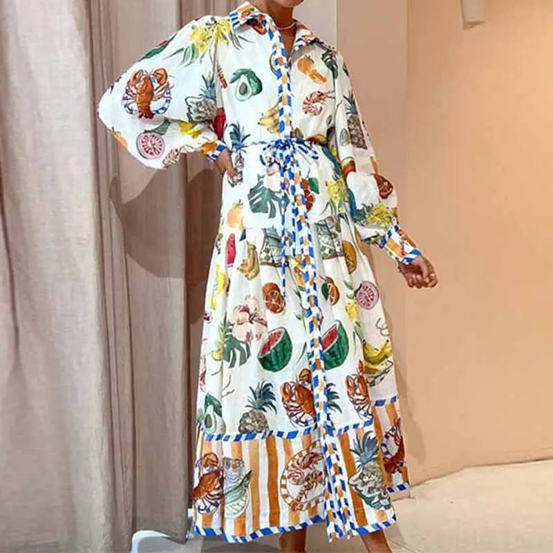 Print Holiday Women Beach Dress With Belts A-Line Long Lantern Sleeve Single Breasted Lapel Seaside Dresses Robe Beyond Trends Hub